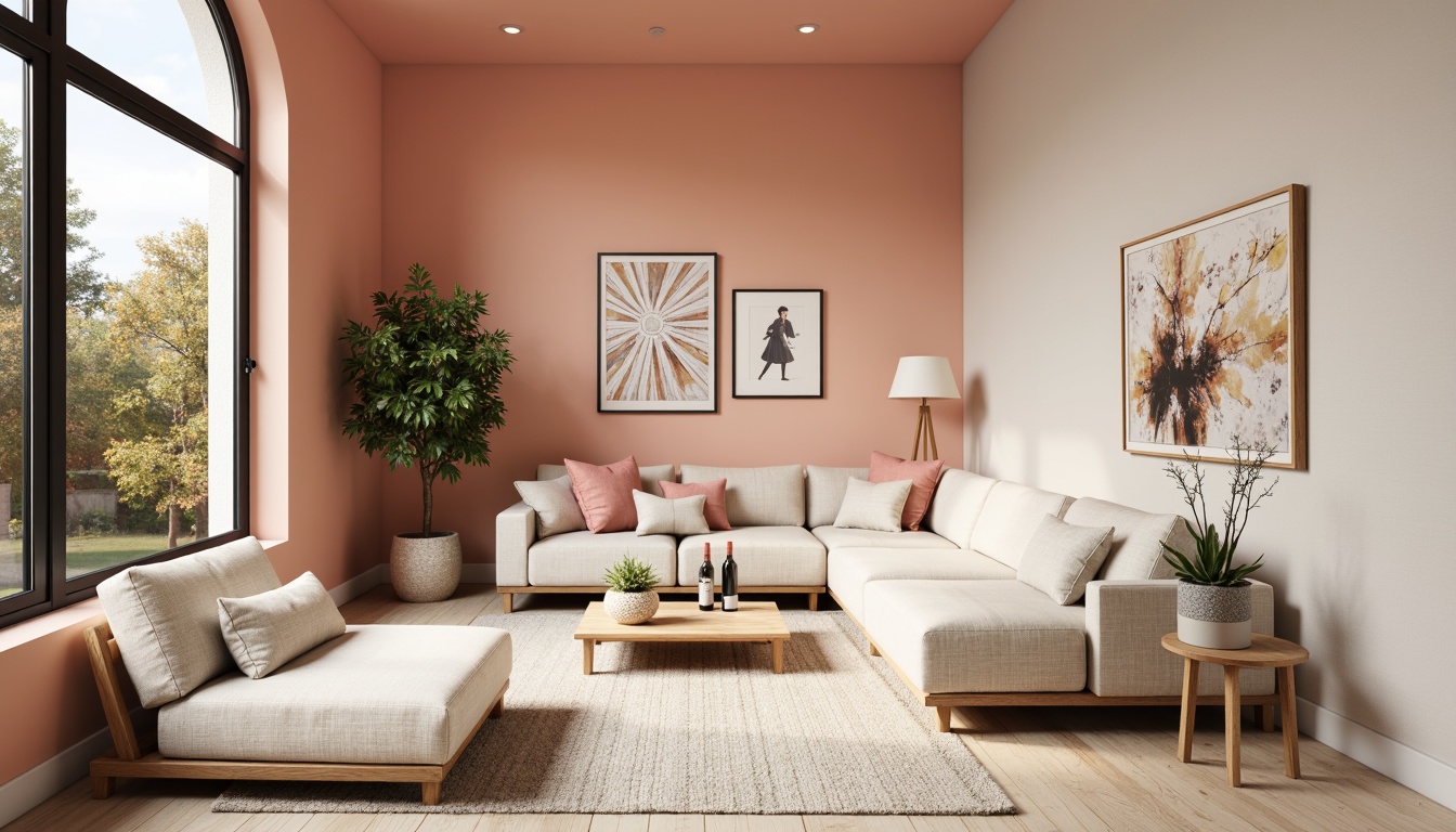 Prompt: Vibrant modern interior, trendy color scheme, pastel hues, soft peach tones, creamy whites, rich charcoal grays, bold accent walls, statement furniture pieces, metallic gold accents, natural wood textures, minimalist decor, abundant natural light, airy atmosphere, shallow depth of field, 3/4 composition, warm and inviting ambiance.