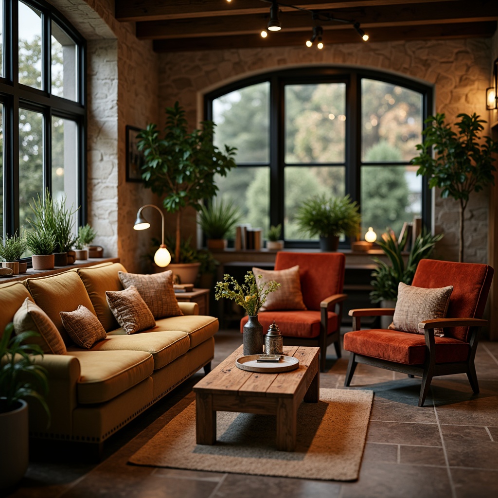 Prompt: Cozy living room, plush sofas, velvet armchairs, reclaimed wood coffee tables, industrial metal lamps, vibrant greenery, natural stone flooring, soft warm lighting, shallow depth of field, 3/4 composition, intimate atmosphere, realistic textures, ambient occlusion.