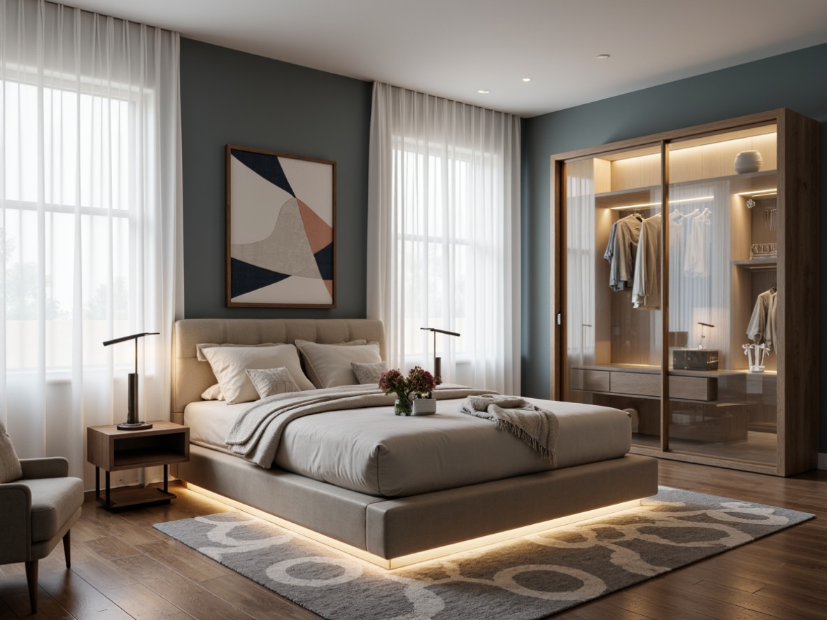 Prompt: Modern bedroom, sleek low-profile bedframe, minimalist headboard, soft grayish-blue walls, polished wooden floorboards, ambient warm lighting, floor-to-ceiling windows, sheer white curtains, geometric-patterned area rug, plush throw pillows, metallic nightstands, minimalist dresser, LED-lit closet, frosted glass sliding doors, modern abstract artwork, industrial-chic decor accents, soft creamy upholstery, Scandinavian-inspired design elements.