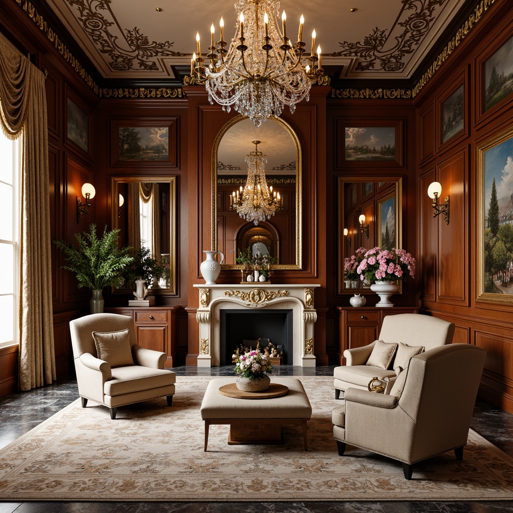 Prompt: Luxurious neoclassical living room, rich wood tones, intricately carved furniture, ornate mirrors, crystal chandeliers, velvet upholstery, golden accents, curved lines, symmetrical composition, soft warm lighting, subtle shadows, 1/1 composition, realistic textures, ambient occlusion, plush area rugs, marble flooring, elegant vases, classic paintings, ornate picture frames, lavish drapery, tassel trim, stately atmosphere.