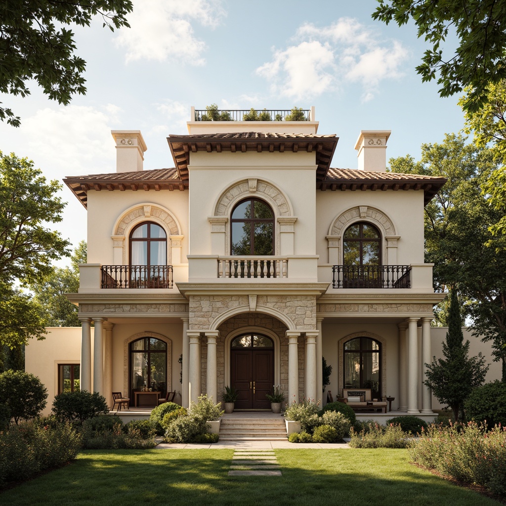 Prompt: Grand villa facade, symmetrical composition, ornate columns, intricately carved capitals, rusticated stone walls, arched windows, balconies with ornate ironwork, classic pediments, subtle cornice details, cream-colored stucco, soft golden lighting, warm afternoon sun, shallow depth of field, 1/1 composition, realistic textures, ambient occlusion, lush greenery, manicured lawns, blooming flowers, peaceful atmosphere.