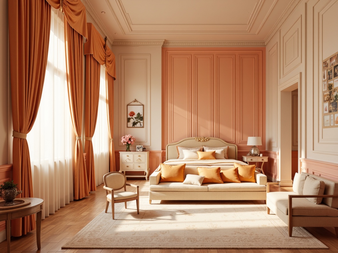 Prompt: Warm apricot hues, soft peach undertones, creamy whites, rich golden yellows, subtle coral pinks, gentle beige backgrounds, delicate orange accents, luxurious velvet textures, ornate patterns, intricate details, opulent furnishings, lavish decor, warm sunny lighting, shallow depth of field, 1/1 composition, realistic renderings.