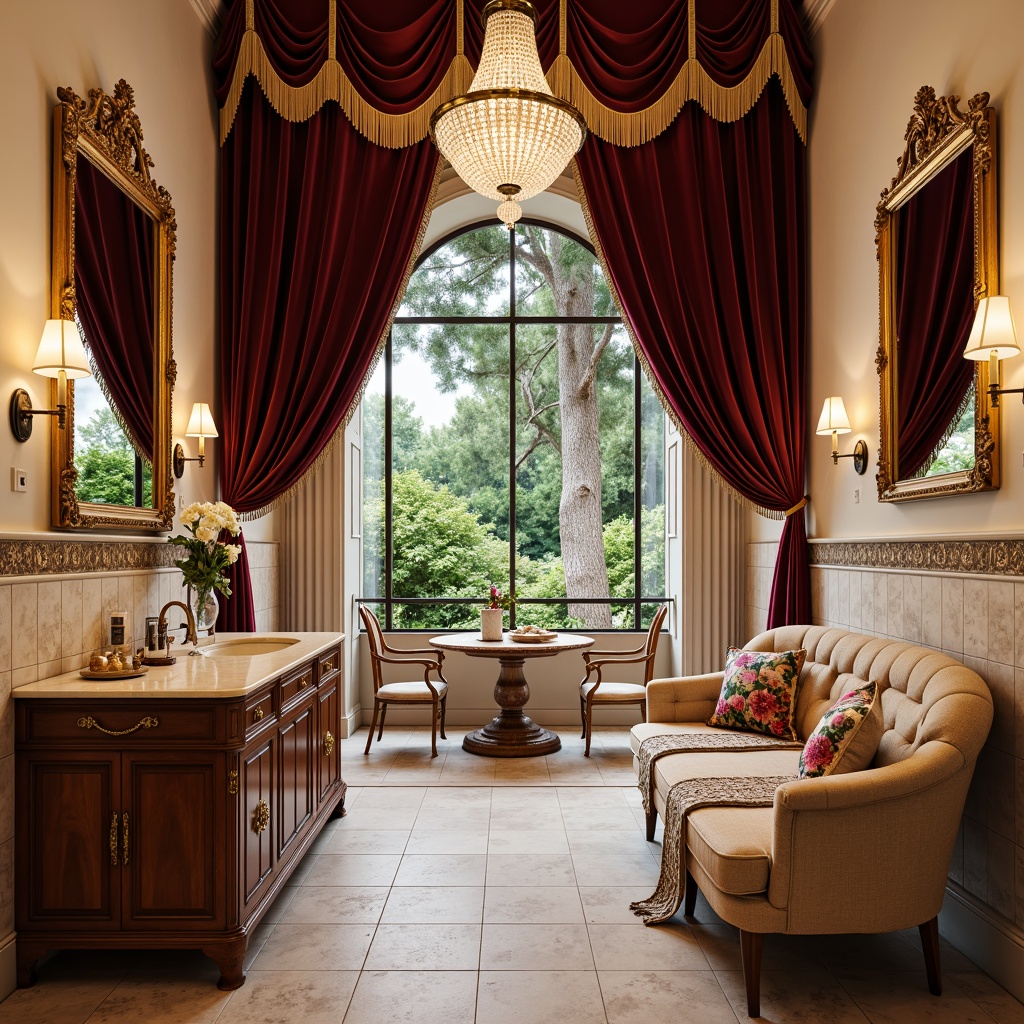 Prompt: Luxurious velvet drapes, golden tassel trim, ornate gilded frames, soft cream-colored marble countertops, intricately carved wooden cabinetry, plush tufted upholstery, delicate lace table runners, richly patterned silk fabrics, warm beige stone floors, crystal chandelier lighting, elegant curved lines, whimsical floral motifs, opulent bronze hardware, sumptuous cushioning, intimate cozy nook, natural morning light, soft focus, shallow depth of field.