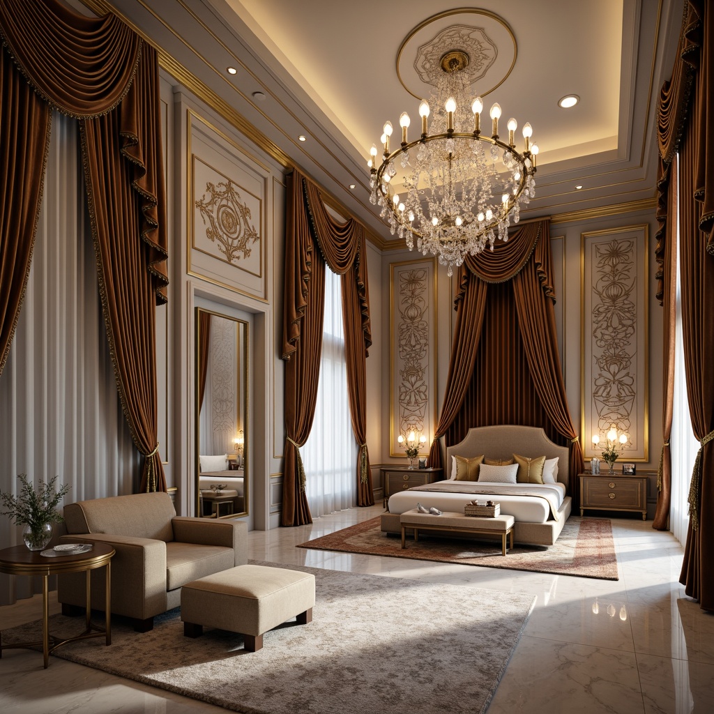 Prompt: Opulent velvet fabrics, rich silk textures, intricate embroidered patterns, lavish crystal chandeliers, majestic marble floors, grand staircase designs, luxurious bedroom settings, plush area rugs, sophisticated neutral color palette, soft warm lighting, shallow depth of field, 3/4 composition, realistic fabric simulations, ambient occlusion.