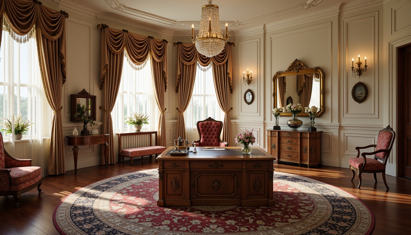 Prompt: Ornate home office, richly carved wooden desk, gilded golden frames, velvet upholstered executive chair, intricately patterned rug, curved lines, flowing shapes, soft cream walls, ornamental mirrors, crystal chandelier, lavish drapery, gold-leaf accents, antique clock, luxurious fabrics, warm candlelight, shallow depth of field, 1/1 composition, realistic textures, ambient occlusion.