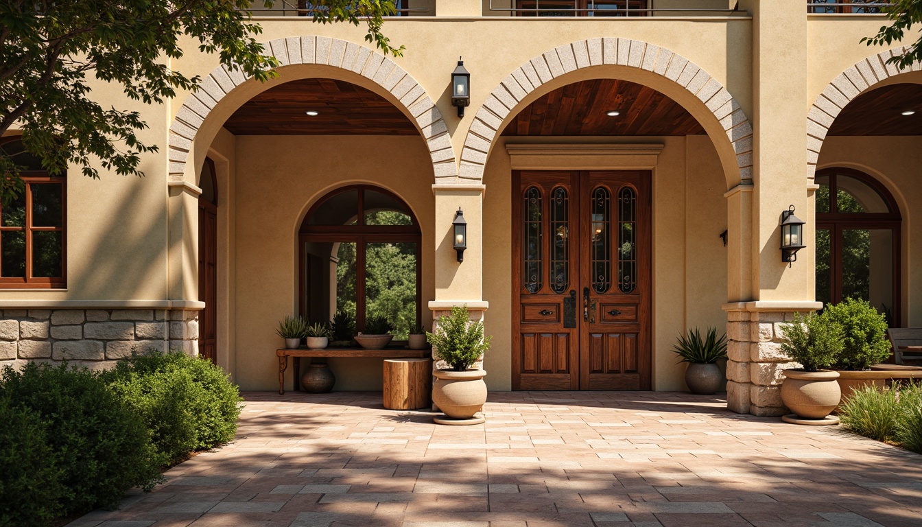 Prompt: Rustic courthouse exterior, eclectic architectural style, warm beige stone walls, ornate wooden doors, vintage metal lanterns, distressed brick facades, rich brown wood accents, earthy terracotta tiles, lush greenery, natural light, soft warm glow, shallow depth of field, 3/4 composition, realistic textures, ambient occlusion.