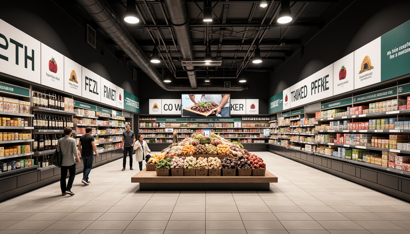 Prompt: Modern grocery store interior, sleek shelving units, organized product displays, prominent promotional signage, bold typography, vibrant color schemes, eye-catching graphics, LED lighting, polished metal accents, ceramic floor tiles, minimalist decor, abundant natural light, shallow depth of field, 1/1 composition, realistic textures, ambient occlusion.