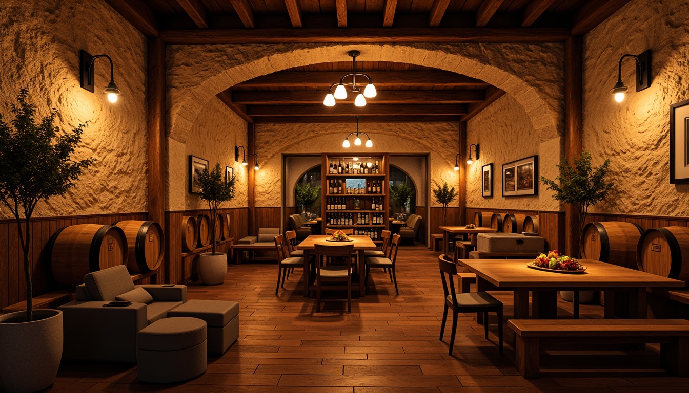 Prompt: Warm winery interior, rustic wood accents, earthy tones, soft warm lighting, pendant lamps, wooden barrels, vineyard-inspired decor, natural stone walls, arched ceilings, intimate ambiance, cozy seating areas, wine cellar atmosphere, dimmable lighting, subtle color temperature, 1/2 composition, realistic textures, ambient occlusion.