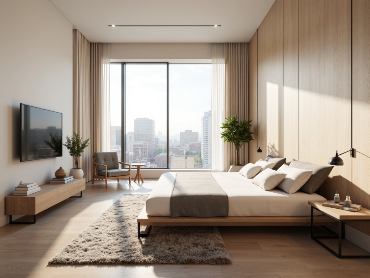 Prompt: Minimalist bedroom, calming ambiance, soft warm lighting, neutral color palette, creamy whites, pale grays, taupe accents, natural wood tones, sleek metal frames, low-profile furniture, minimalist decor, plush area rugs, floor-to-ceiling windows, sheer curtains, urban cityscape views, 1/1 composition, realistic textures, subtle shadows, ambient occlusion.