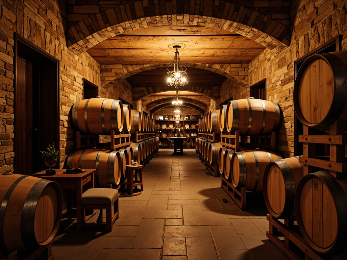 Prompt: Rustic wine cellar, wooden barrel racks, stone walls, dim warm lighting, pendant lamps, wrought iron chandeliers, candlelight ambiance, rich wood tones, earthy color palette, vintage wine barrels, metal lanterns, soft shadows, dramatic ceiling height, wooden crates, aged brick arches, intimate cozy atmosphere, warm golden glow, 3/4 composition, realistic textures.