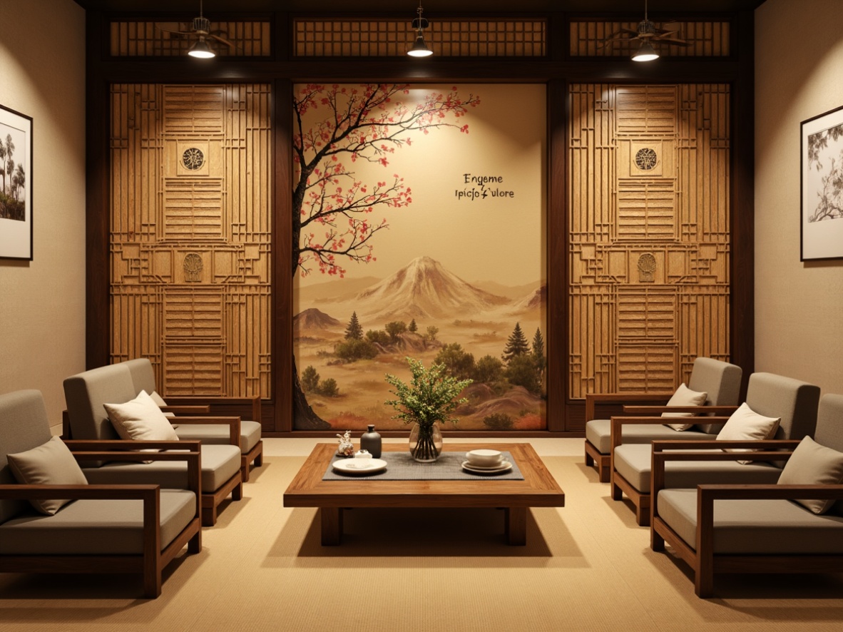 Prompt: Asian-inspired wall decor, natural wood panels, woven bamboo screens, hand-painted cherry blossom murals, intricate geometric patterns, subtle texture contrasts, warm ambient lighting, 3/4 composition, shallow depth of field, realistic textures, soft focus blur, Asian-style typography, minimalist design, elegant simplicity, serene ambiance, traditional Japanese sliding doors, tatami mats, shoji screens, natural fibers, organic materials, earthy color palette, subtle sheen finishes.