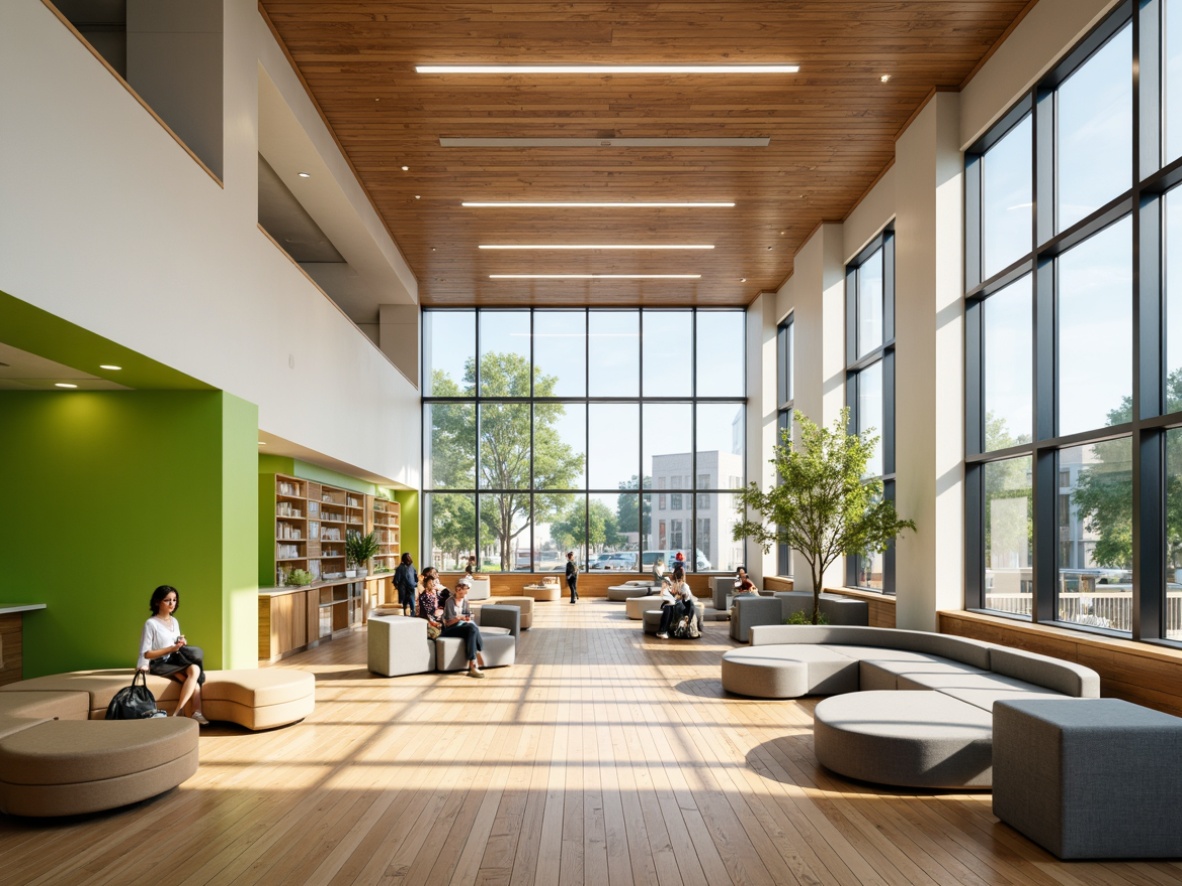 Prompt: Modern high school interior, abundant natural light, floor-to-ceiling windows, minimal ornamentation, sleek lines, polished wooden floors, vibrant green walls, open spaces, collaborative learning areas, flexible seating arrangements, suspended acoustic panels, minimalist lighting fixtures, soft warm tones, indirect illumination, 1/1 composition, shallow depth of field, realistic textures, ambient occlusion.