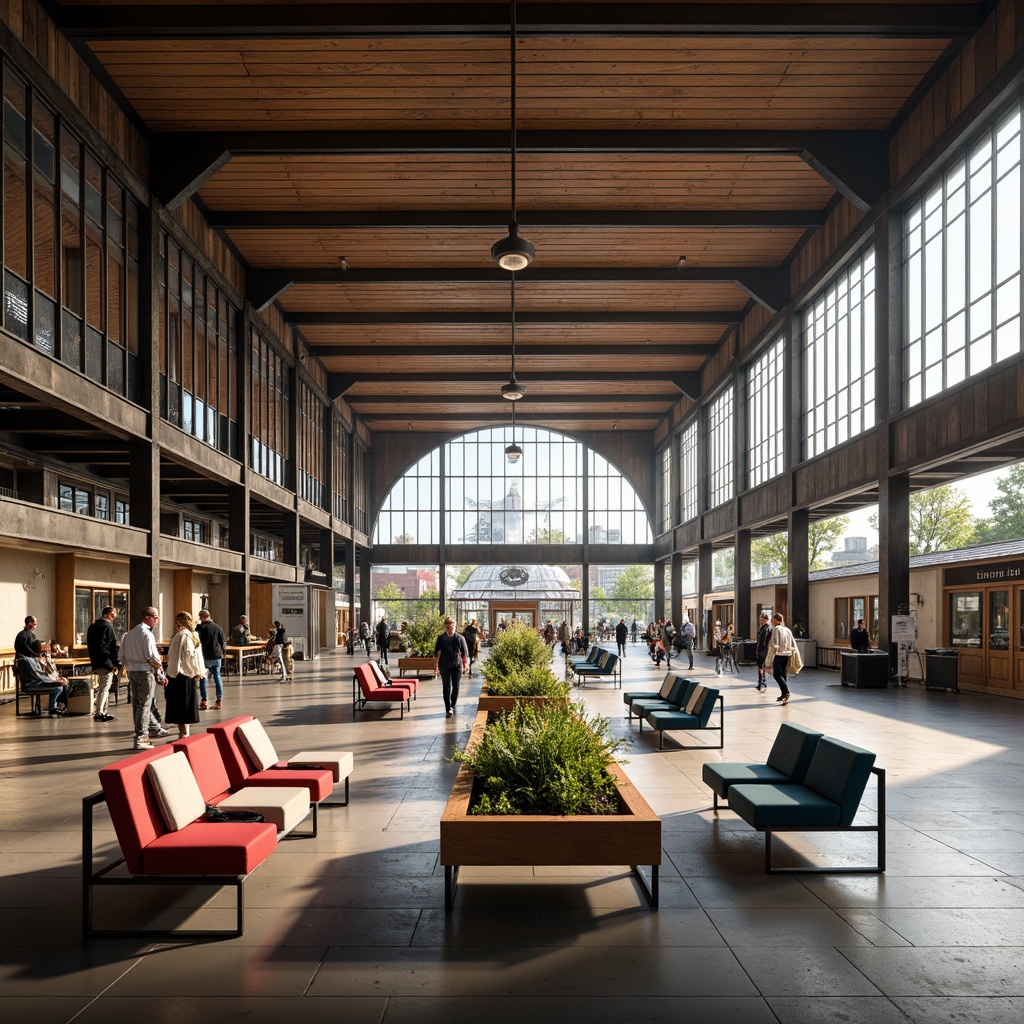 Prompt: Grand train station, high ceilings, natural light, industrial chic, metal beams, wooden accents, comfortable seating areas, sleek modern benches, vibrant colored cushions, ergonomic design, stainless steel frames, urban feel, bustling atmosphere, soft warm lighting, shallow depth of field, 1/2 composition, realistic textures, ambient occlusion.