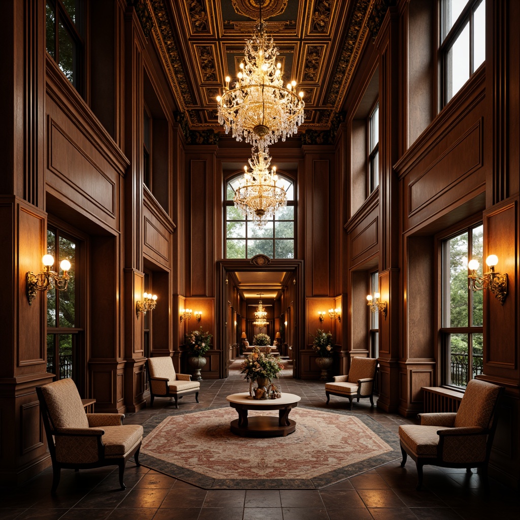 Prompt: Ornate chandeliers, crystal droplets, gilded metalwork, intricate carvings, luxurious fabrics, rich wood tones, opulent furnishings, grandiose scale, high ceilings, classical motifs, subtle warm lighting, soft shadows, 1/1 composition, dramatic focal points, symmetrical arrangement, regal ambiance, sophisticated elegance.