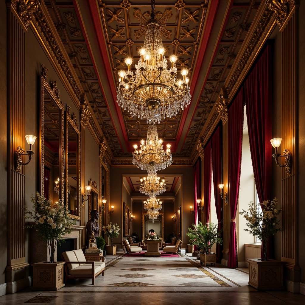 Prompt: Ornate chandeliers, crystal droplets, golden accents, intricate metalwork, lavish candelabras, grandiose pendant lights, luxurious sconces, ornamental mirrors, rich fabrics, velvet drapes, marble floors, gilded details, warm soft glow, dramatic shadows, high contrast lighting, Renaissance-inspired patterns, opulent decorative elements, majestic architecture, 1/2 composition, low-angle shot, cinematic lighting.