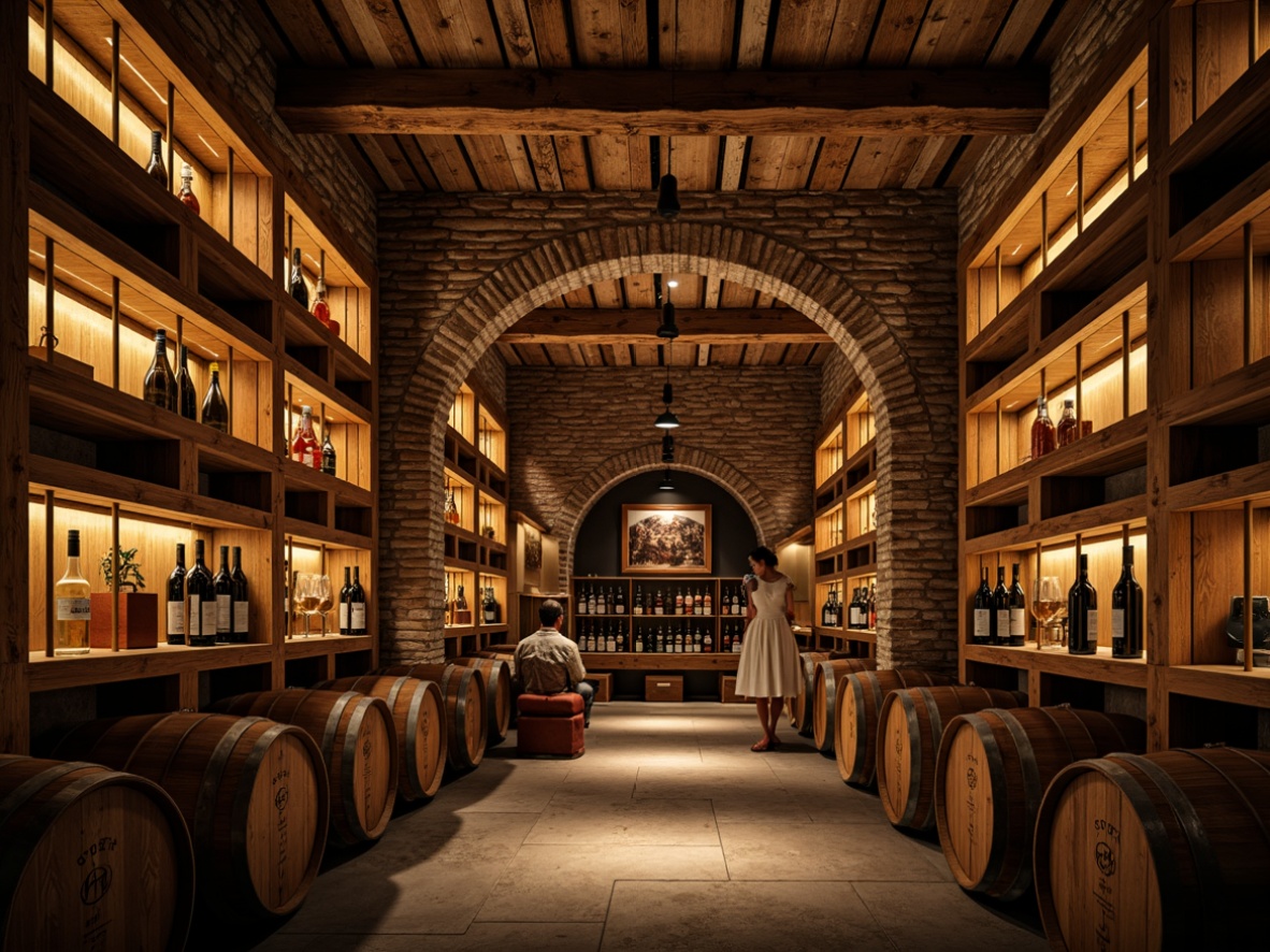 Prompt: Rustic wine cellar, wooden shelving units, distressed wood textures, earthy color palette, warm ambient lighting, stone walls, brick arches, wooden barrels, vintage wine bottles, dimly lit atmosphere, ornate metalwork, wooden crates, rich leather accents, natural stone flooring, reclaimed wood accents, soft golden lighting, shallow depth of field, 3/4 composition, rustic wooden signs, earthy scent, cozy intimate space.