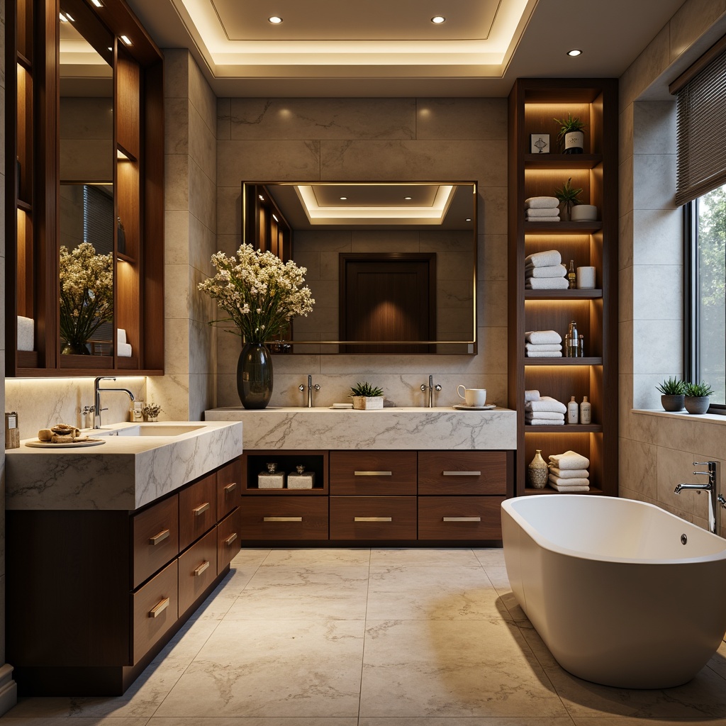 Prompt: Luxurious bathroom setting, modern freestanding vanity, sleek countertops, polished chrome fixtures, soft-close drawers, LED lighting, large mirrors, marble or quartz surfaces, wall-mounted cabinets, open shelving, spa-inspired ambiance, natural stone flooring, warm ambient illumination, shallow depth of field, 1/1 composition, realistic reflections.