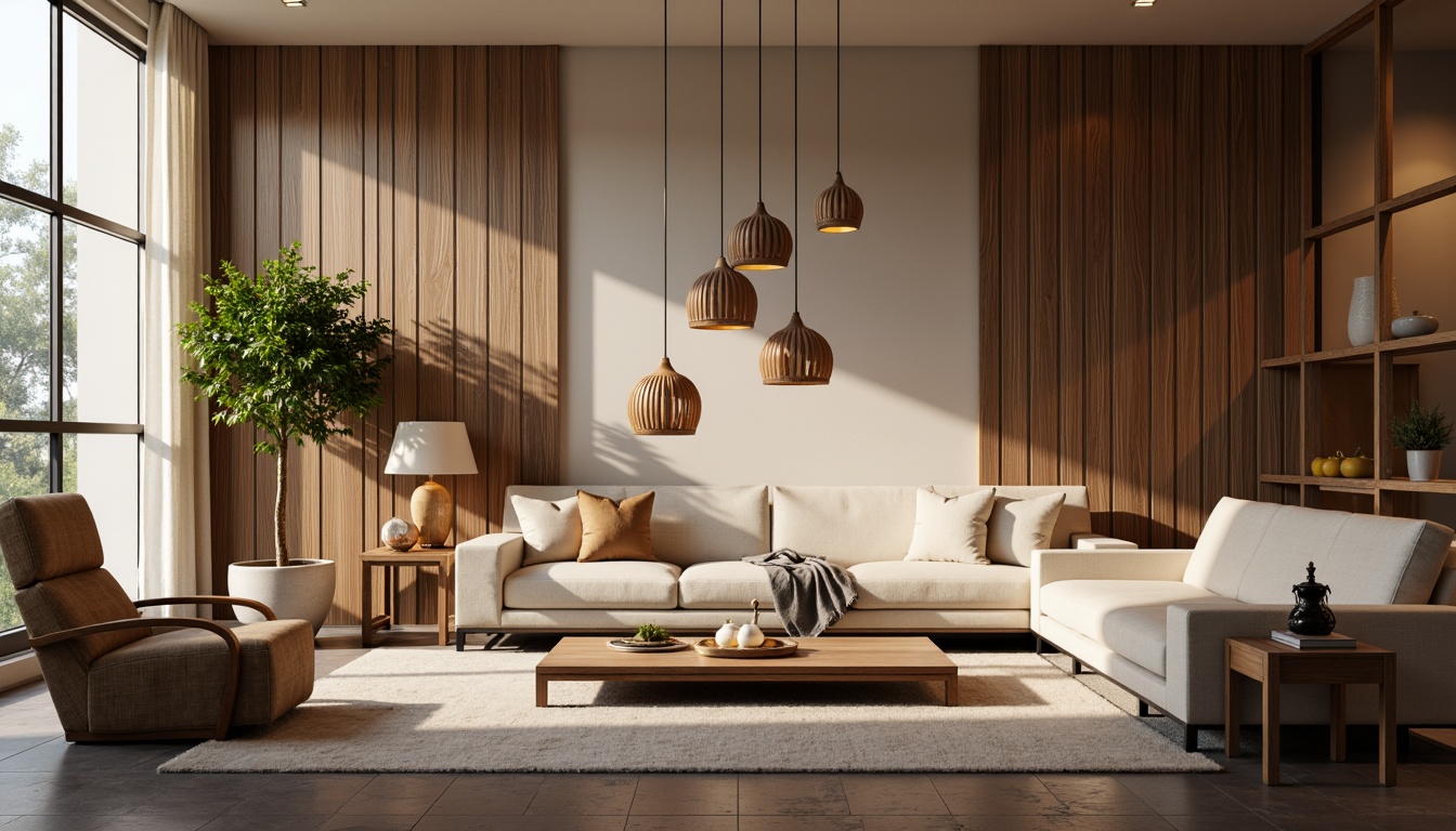 Prompt: Elegant living room, modern pendant lamps, warm ambient lighting, cozy atmosphere, plush furniture, rich wood accents, soft beige walls, large windows, natural daylight, subtle shadows, 3/4 composition, shallow depth of field, realistic textures, ambient occlusion.