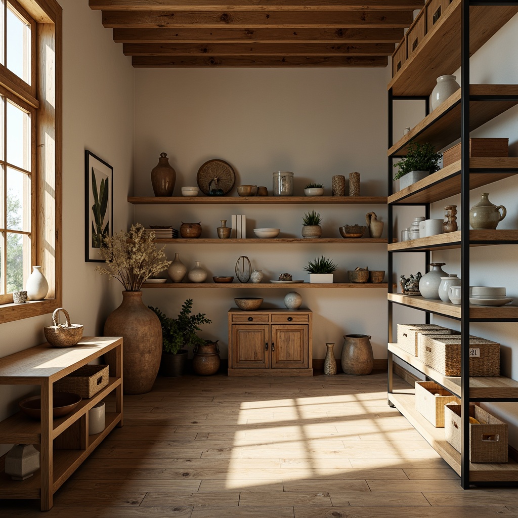 Prompt: Cozy storage room, warm beige walls, soft cream shelves, earthy brown flooring, natural wood accents, calming blue undertones, subtle industrial vibe, metal racks, wooden crates, vintage decorative items, softbox lighting, 1/1 composition, realistic textures, ambient occlusion.