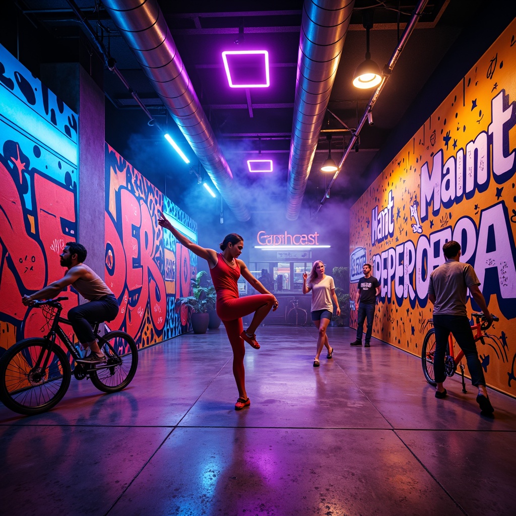 Prompt: Vibrant dance studio, dynamic neon lights, bold graffiti walls, high-energy atmosphere, fast-paced rhythms, spinning bicycles, urban cityscape, concrete floors, metallic accents, bright color-blocking, kinetic typography, abstract shapes, futuristic architecture, strobe lights, electric blue hues, fiery orange tones, deep purple shades, neon green flashes, high-contrast palette, dynamic composition, cinematic camera angles, shallow depth of field, 1/2 composition.