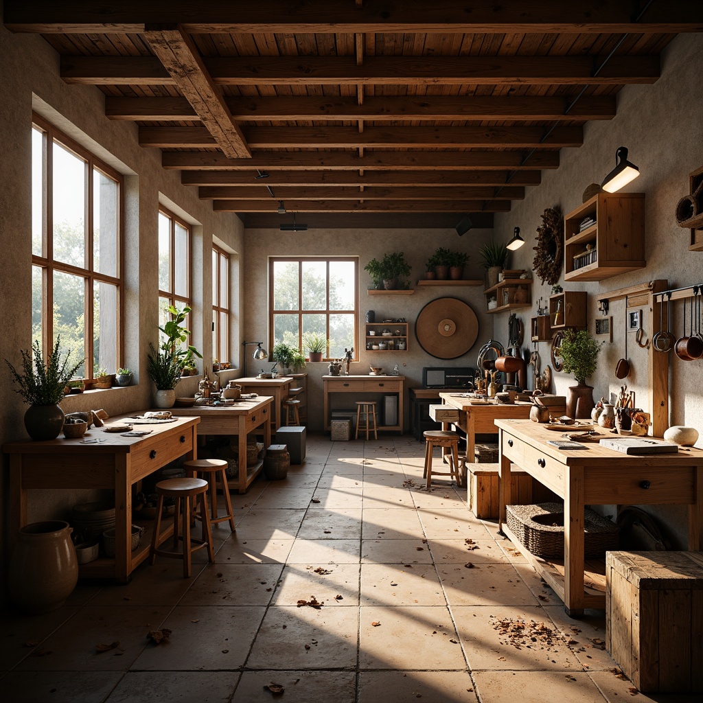 Prompt: Cozy workshop, wooden workbenches, rustic tools, scattered craft materials, soft warm lighting, warm color temperatures, gentle shadows, natural textures, earthy tones, traditional craftsmanship, vintage machinery, exposed brick walls, large windows, indirect lighting, 1/1 composition, realistic rendering, ambient occlusion.