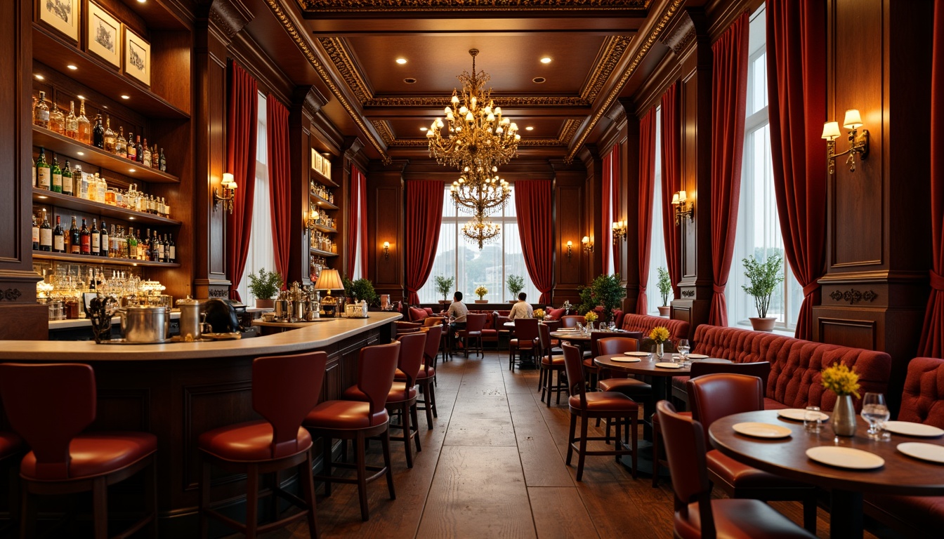 Prompt: Luxurious pub interior, rich wooden accents, ornate gold fixtures, velvet drapes, grand chandeliers, warm earthy tones, deep reds, burnt oranges, rich browns, soft creamy whites, lavish furnishings, intricate carvings, dimly lit atmosphere, warm golden lighting, shallow depth of field, 1/1 composition, realistic textures, ambient occlusion.