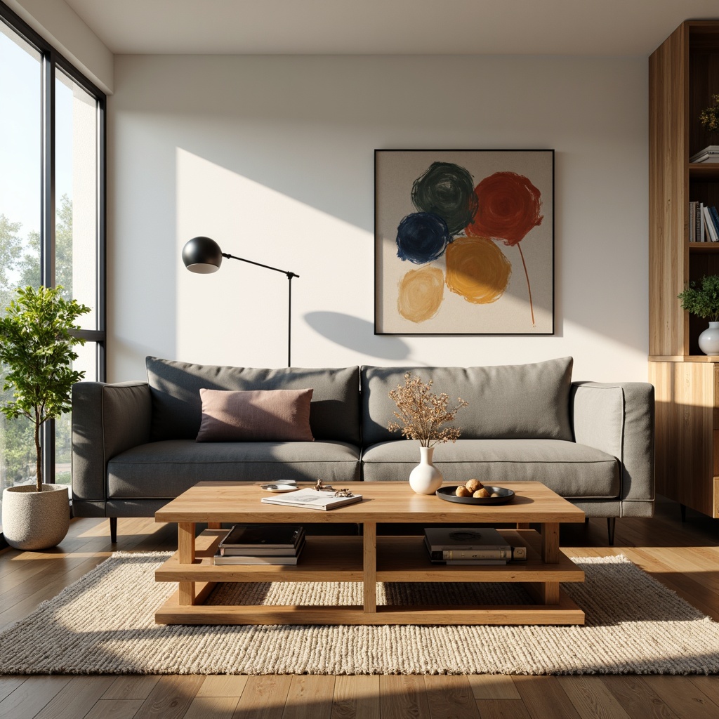 Prompt: Mid-century modern living room, sleek wooden coffee table, velvet tufted sofa, minimalist metal floor lamp, abstract artwork, natural fiber rug, neutral color palette, large windows, abundant natural light, soft warm ambiance, shallow depth of field, 1/1 composition, realistic textures, ambient occlusion.