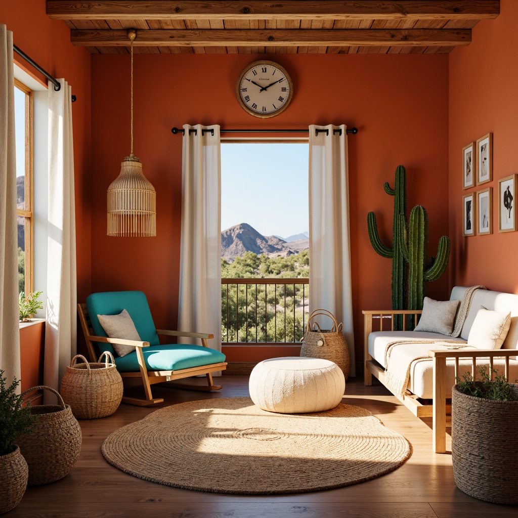 Prompt: Vibrant baby room, southwestern style, warm earthy tones, terracotta walls, turquoise accents, soft sandy beiges, creamy whites, rich wood furniture, woven textiles, tribal patterns, geometric motifs, cactus plants, desert landscapes, sunny day, natural light, warm glow, cozy atmosphere, 1/1 composition, intimate focal point, realistic textures, ambient occlusion.