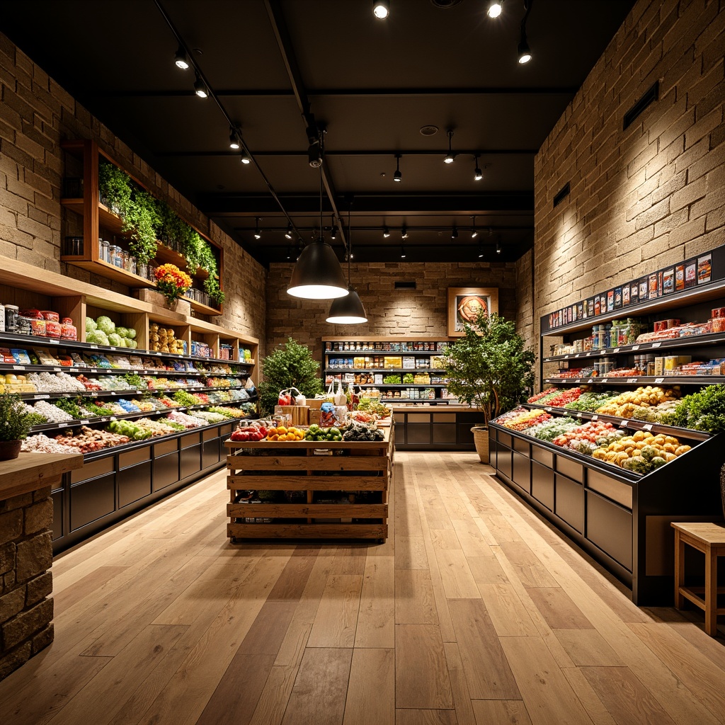 Prompt: Modern grocery store interior, warm and inviting atmosphere, bright overhead lighting, LED shelf lighting, colorful product displays, fresh produce stands, wooden floorboards, metal shelving units, rustic decorative elements, natural stone walls, cozy corner seating areas, soft warm glow, high contrast ratio, 1/1 composition, shallow depth of field, realistic textures, ambient occlusion.