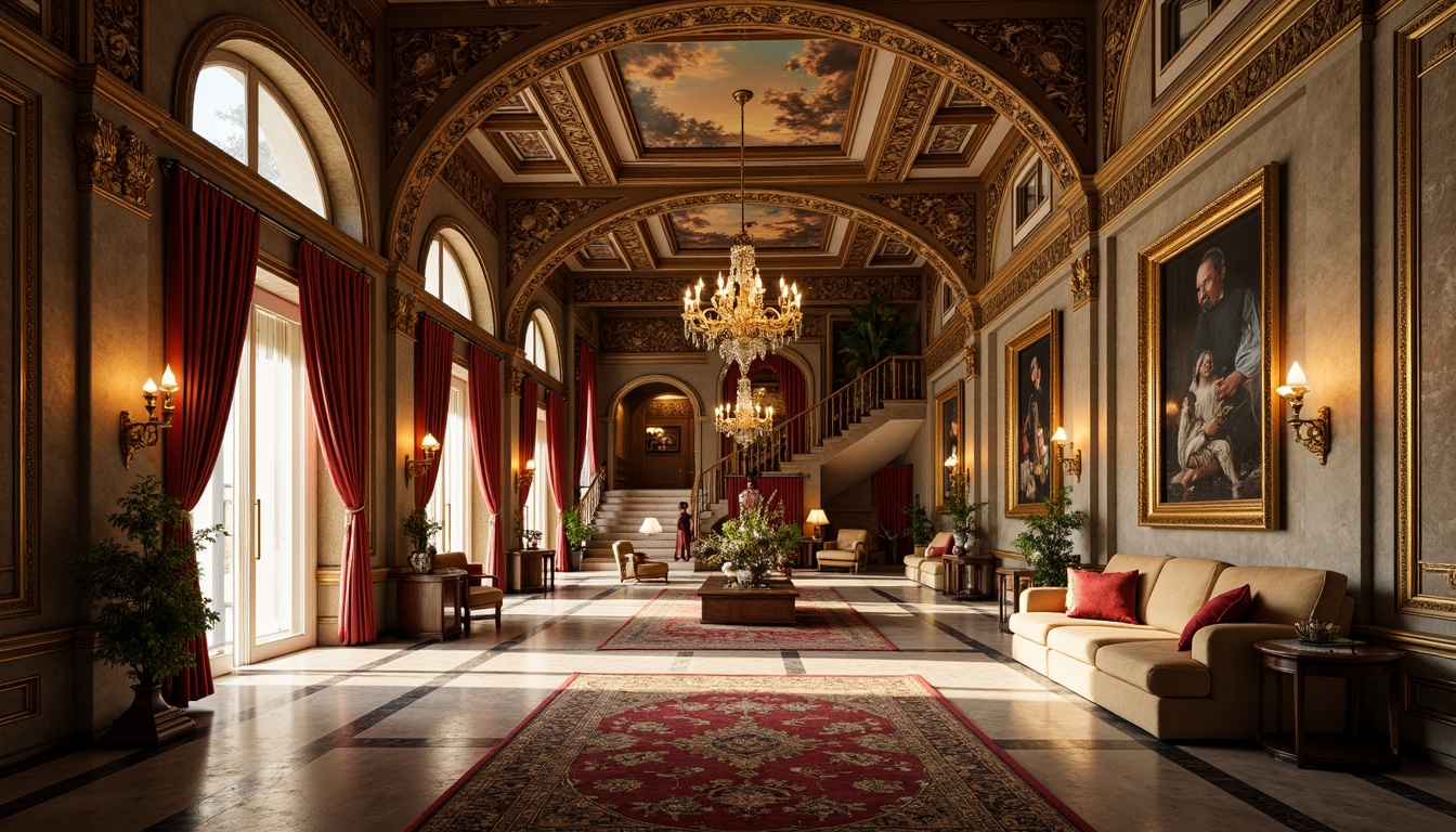 Prompt: Ornate palace, intricately carved stone walls, gilded accents, ornamental furnishings, velvet drapes, lavish chandeliers, frescoed ceilings, grand staircases, polished marble floors, richly patterned rugs, heavily textured stucco, dramatic lighting effects, warm golden color palette, highly decorative moldings, luxurious fabrics, antique furniture pieces, opulent decorations, intense atmospheric perspective, shallow depth of field, 1/2 composition, soft focus, realistic render.