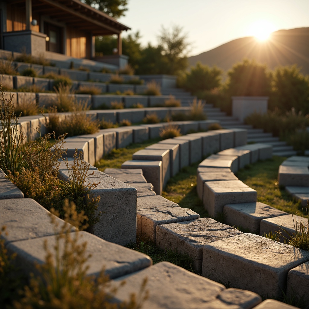 Prompt: Rustic stone seating, weathered wood accents, natural earth tones, grassy slopes, tiered levels, curved rows, amphitheater architecture, outdoor performance space, warm sunset lighting, soft shadows, blurred background, shallow depth of field, 2/3 composition, cinematic view, realistic textures, ambient occlusion.