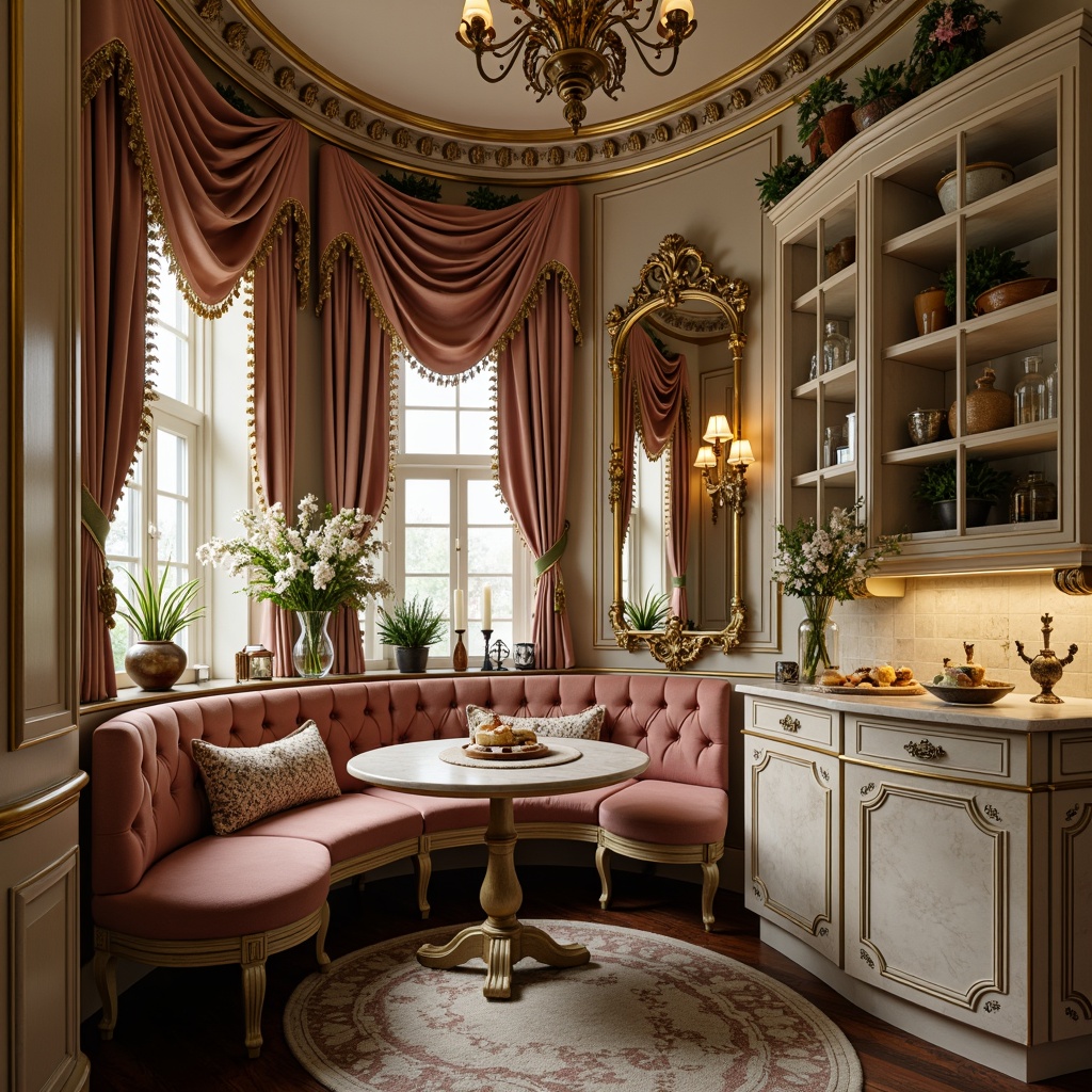 Prompt: Ornate breakfast nook, curved lines, gold accents, plush velvet fabrics, intricate carvings, luxurious marble countertops, ornamental mirrors, delicate florals, soft pastel colors, warm candlelight, cozy intimate setting, French-inspired cabinetry, Rococo-style furniture legs, elegant metalwork, natural wood tones, vintage decorative accessories, lavish drapery, 3/4 composition, shallow depth of field, warm soft lighting, realistic textures.