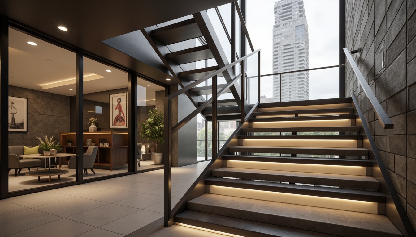 Prompt: Sleek modern staircase, minimalist design, stainless steel handrails, ergonomic grip, LED ambient lighting, polished chrome accents, geometric patterns, floating steps, open risers, low-profile railings, wall-mounted installations, minimalist balusters, glass or acrylic panels, industrial chic aesthetic, urban loft atmosphere, warm white lighting, 1/1 composition, realistic reflections.