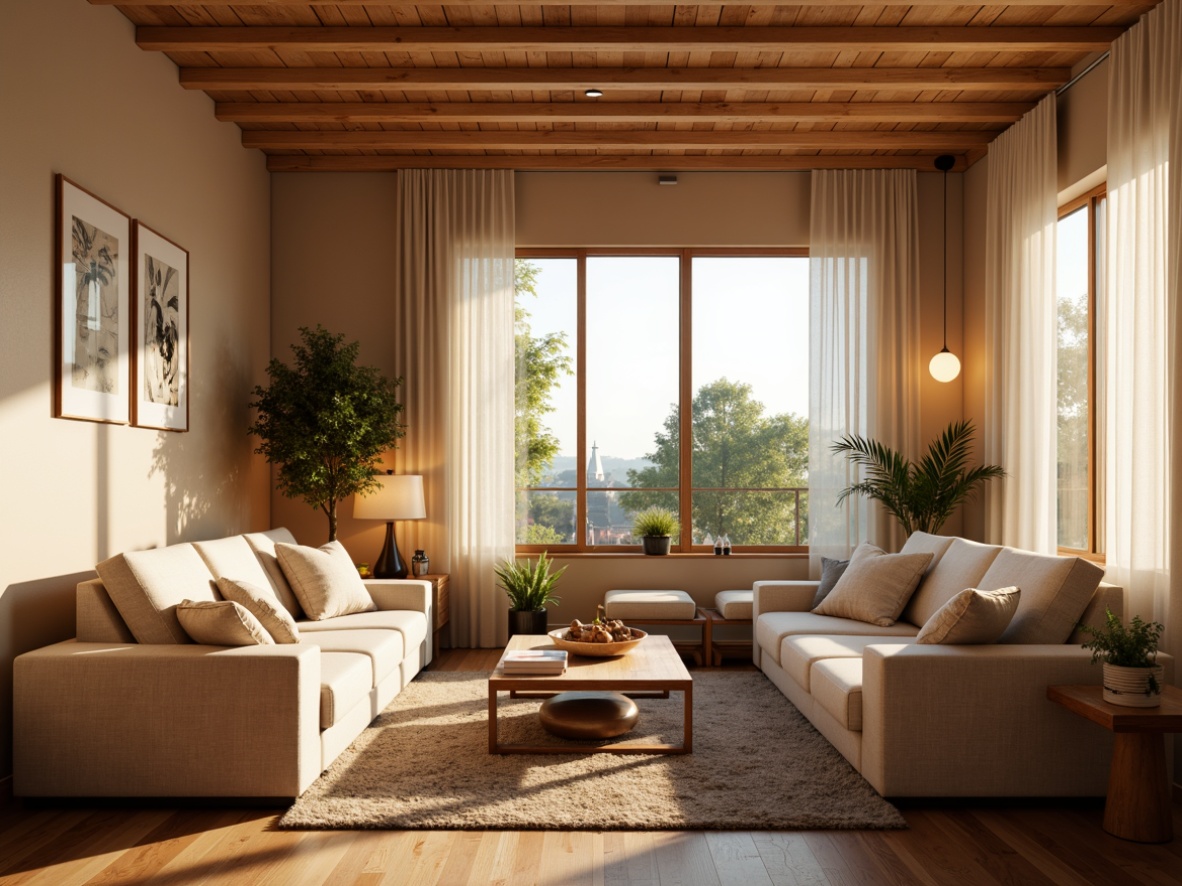 Prompt: Cozy living room, warm ambient lighting, soft glow, floor lamps, table lamps, pendant lights, warm beige walls, comfortable sofas, plush rugs, minimalist decor, natural wood accents, large windows, sheer curtains, gentle breeze, sunny afternoon, shallow depth of field, 1/1 composition, realistic textures, ambient occlusion.