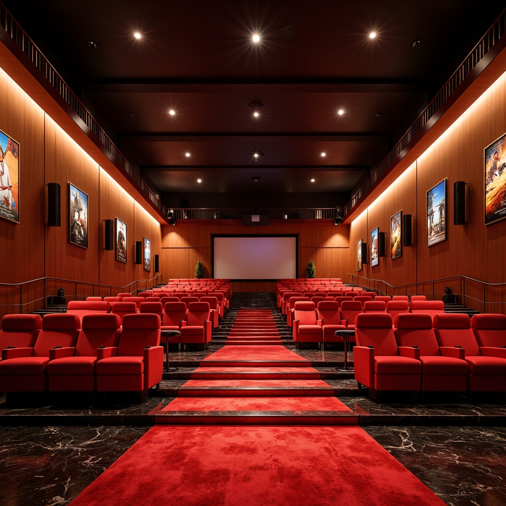 Prompt: Vibrant cinema hall, rich red carpet, luxurious velvet seats, sleek metal handrails, futuristic LED lighting, dark wood accents, polished marble floors, cinematic posters, 3D screens, immersive sound systems, comfortable reclining chairs, cozy atmosphere, warm golden lighting, shallow depth of field, 2/3 composition, wide-angle lens, realistic textures, ambient occlusion.