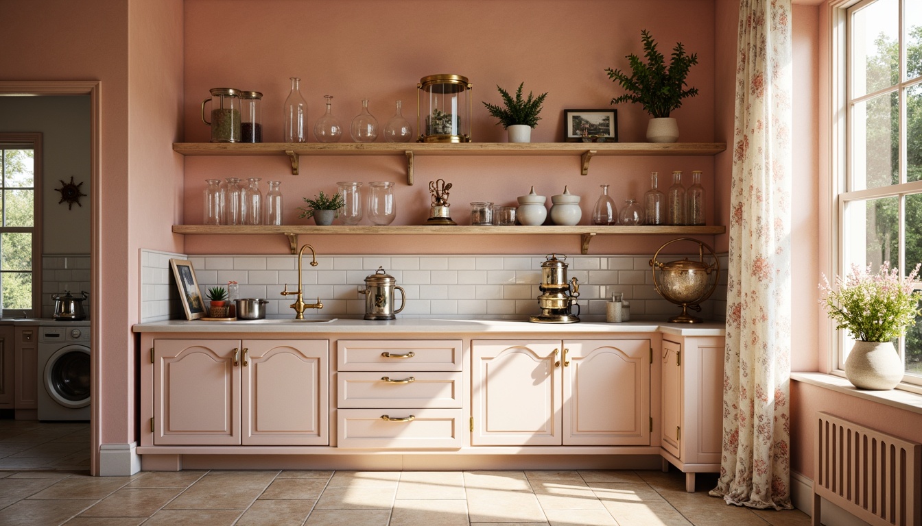 Prompt: Soft peach walls, distressed wood accents, vintage metal equipment, delicate glass beakers, pastel pink cabinets, creamy white countertops, ornate golden fixtures, lace curtains, floral patterns, rustic wooden shelves, warm beige floors, soft natural light, subtle shadows, 1/1 composition, intimate atmosphere, realistic textures, ambient occlusion.Please let me know if this meets your requirements!