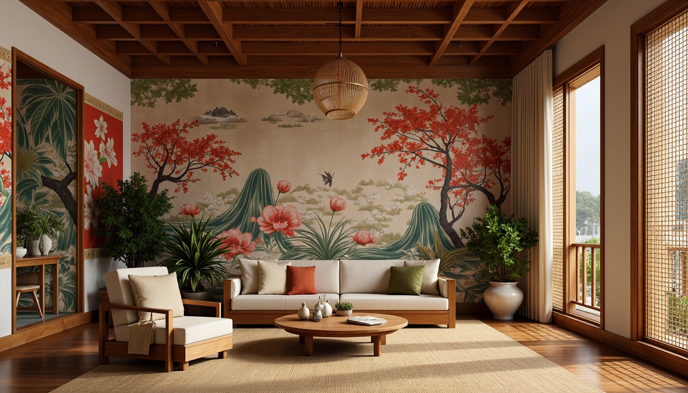 Prompt: Vibrant Asian-inspired wallpaper, bold geometric patterns, natural fiber textiles, woven bamboo accents, hand-painted murals, lacquered wood panels, intricate carvings, subtle gold leaf details, warm soft lighting, shallow depth of field, 1/2 composition, panoramic view, realistic textures, ambient occlusion, serene atmosphere, minimalist decor, cultural heritage elements, traditional motifs, symbolic patterns, harmonious color palette.