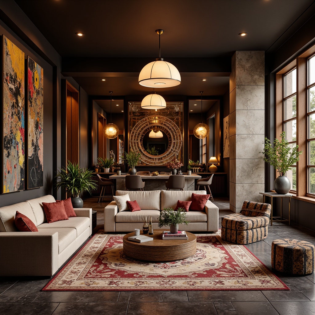 Prompt: Luxurious interior space, bespoke furniture pieces, richly textured finishes, metallic accents, bold color palette, statement lighting fixtures, plush area rugs, abstract artwork, eclectic decorative objects, ornate mirrors, lavish fabrics, intricate patterns, soft warm glow, shallow depth of field, 1/1 composition, realistic reflections.