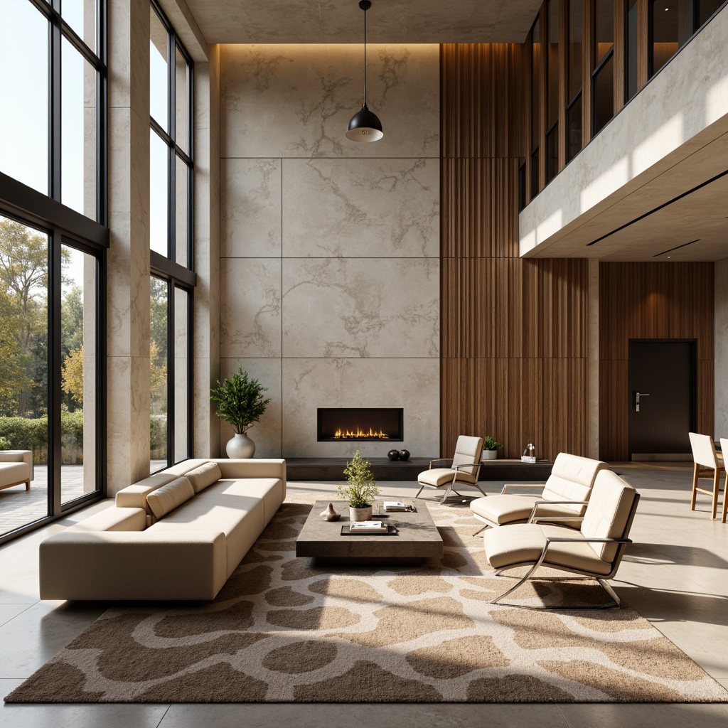 Prompt: Luxurious living room, minimalist decor, sleek low-profile furniture, polished chrome accents, rich wood tones, creamy marble surfaces, plush velvet upholstery, soft golden lighting, abstract modern artwork, geometric patterned rugs, floor-to-ceiling windows, natural stone walls, industrial chic concrete floors, matte black metal frames, warm beige color palette, cozy throw blankets, 1/1 composition, shallow depth of field, realistic textures.