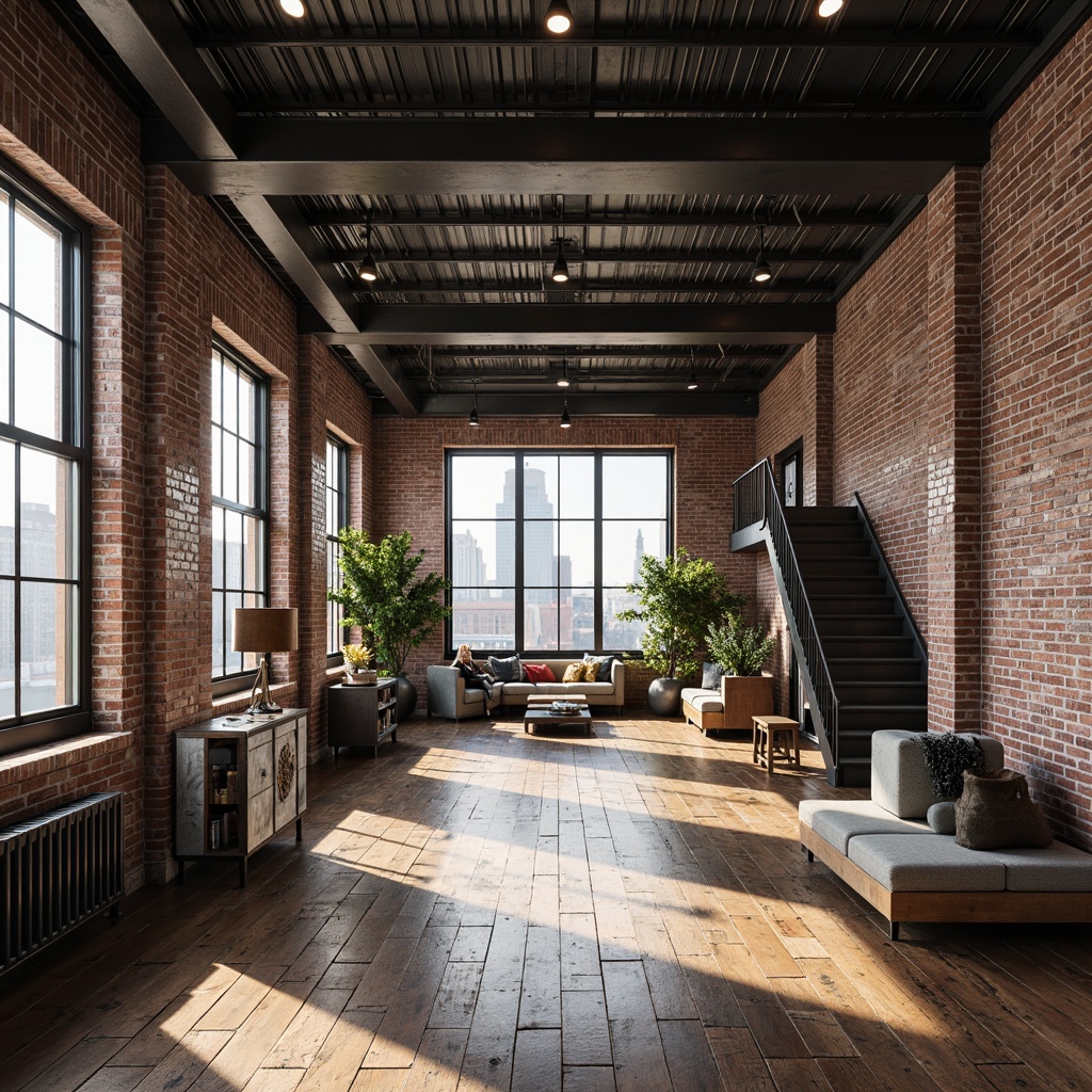 Prompt: Exposed brick walls, metal beams, reclaimed wood floors, industrial-style lighting fixtures, vintage factory equipment, distressed concrete textures, modern minimalist decor, urban cityscape views, converted warehouse spaces, lofty ceilings, open floor plans, functional metal staircases, polished concrete columns, exposed ductwork, industrial-chic color palette, soft natural light, shallow depth of field, 3/4 composition, realistic textures, ambient occlusion.