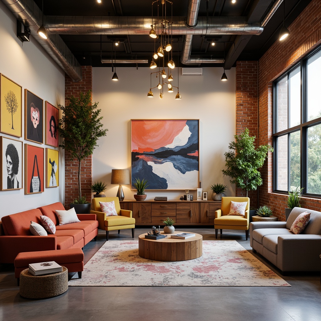 Prompt: Vibrant artistic studio, eclectic mix of furniture, abstract artwork, industrial lighting fixtures, exposed brick walls, polished concrete floors, modern minimalist decor, bold color blocking, contrasting textures, natural materials, earthy tones, rich wood accents, creamy whites, deep blues, warm yellows, pop of bright coral, soft pastel pinks, atmospheric misty lighting, 1/1 composition, intimate close-up shots, realistic renderings, ambient occlusion.