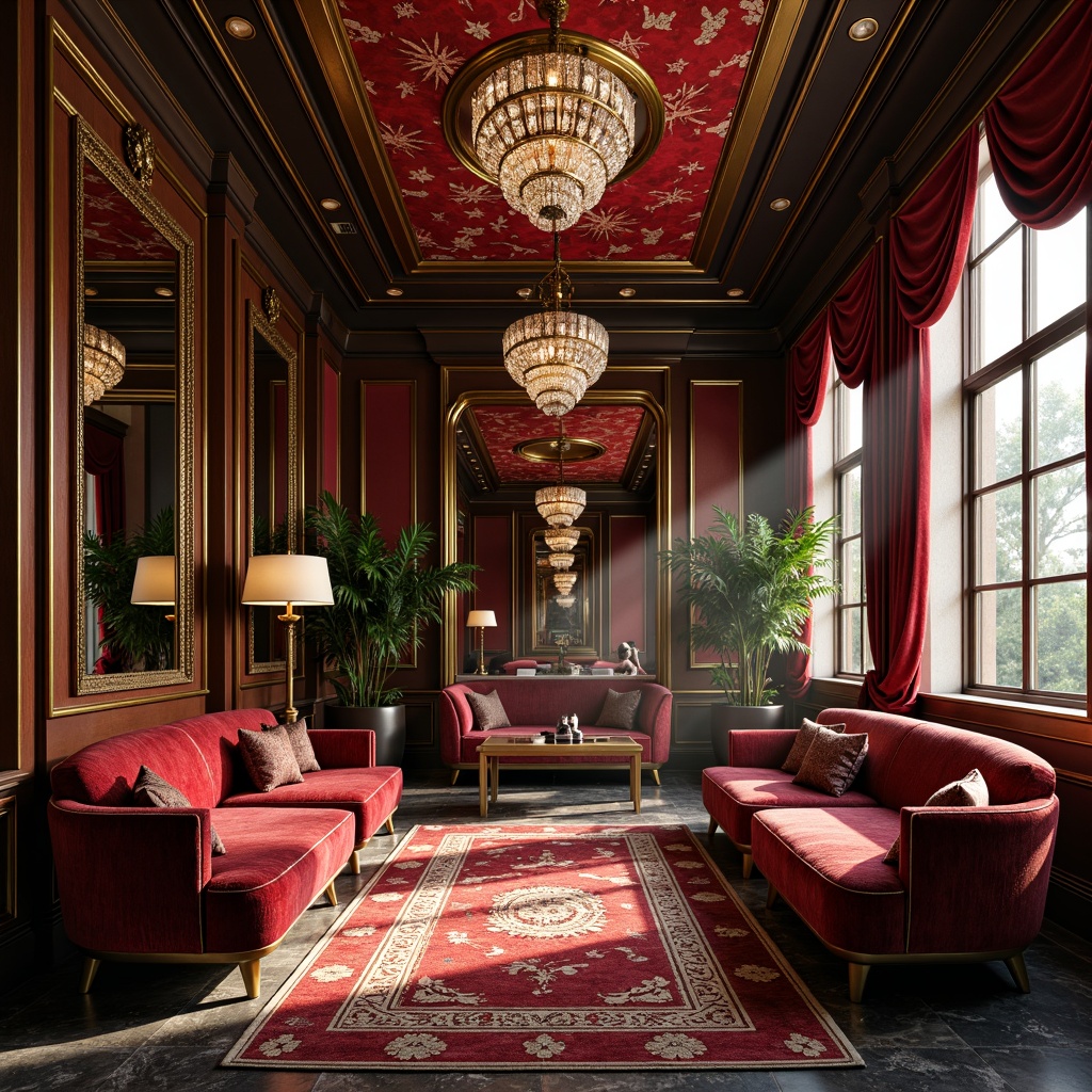 Prompt: Luxurious Art Deco interior, opulent velvet fabrics, intricate geometric patterns, metallic accents, ornate furniture legs, lavish drapery, rich jewel-toned colors, gilded frames, beaded chandeliers, ornamental mirrors, marble flooring, high-contrast lighting, dramatic shadows, 1/1 composition, shallow depth of field, cinematic atmosphere.