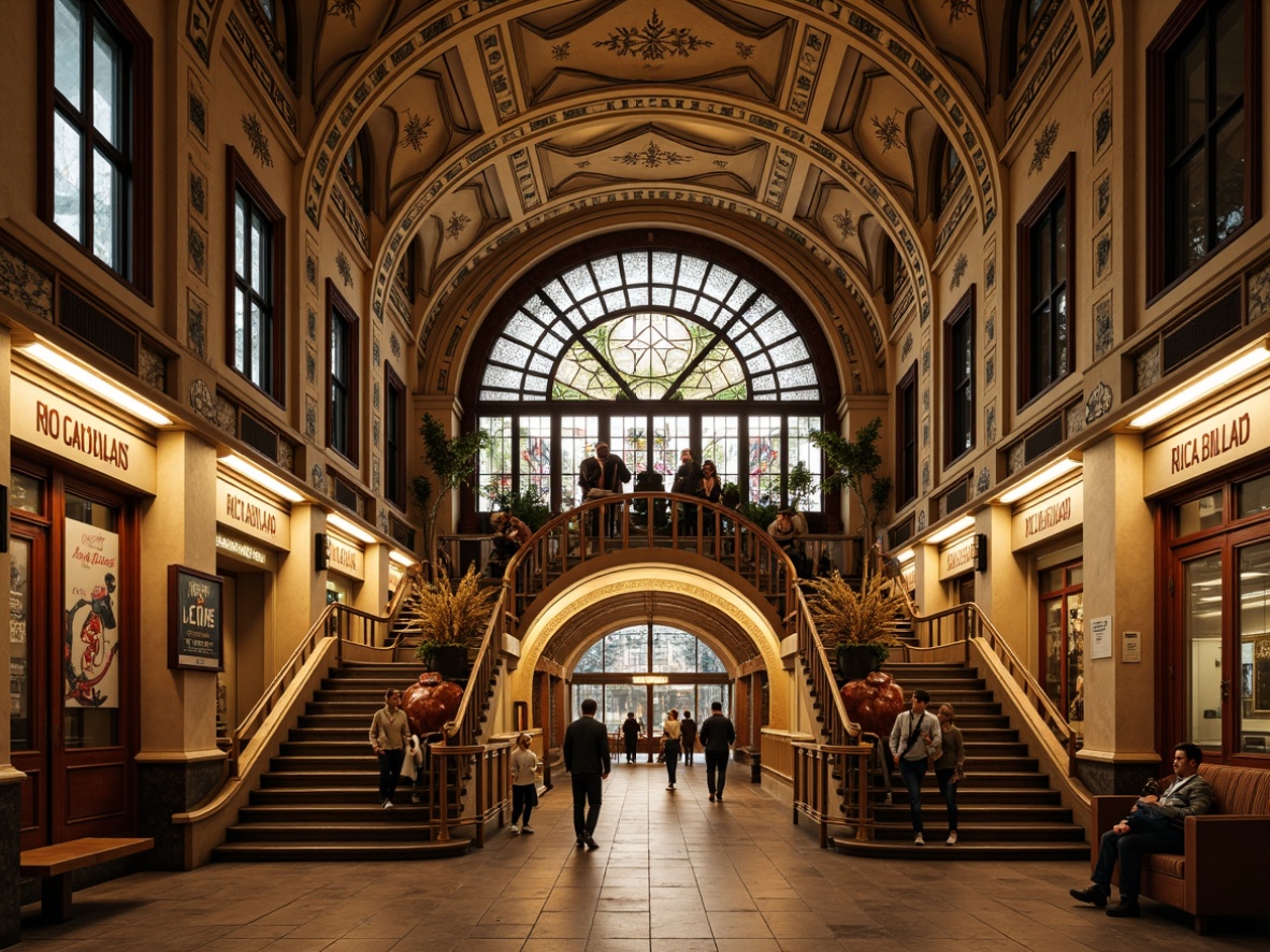 Prompt: Grand metro station, ornate Art Nouveau details, flowing organic lines, sinuous curves, whiplash motifs, stylized botanical forms, intricate metalwork, ornamental gates, grand staircases, sweeping archways, vaulted ceilings, mosaic tile patterns, stained glass windows, warm golden lighting, rich wooden accents, elegant typography, vintage advertisements, distressed finishes, nostalgic atmosphere, shallow depth of field, 2/3 composition, dramatic shadows, realistic textures.