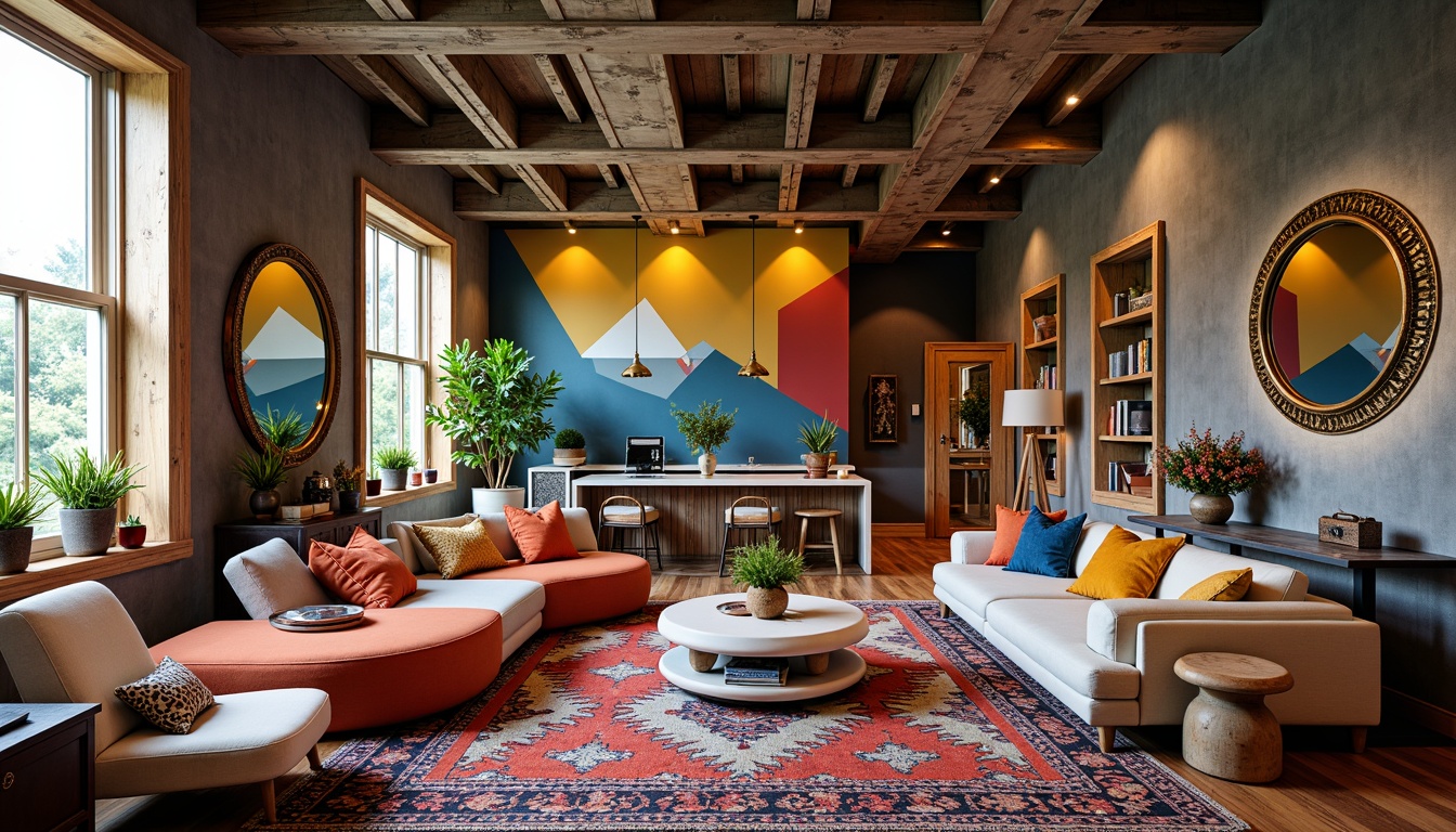 Prompt: Richly patterned rugs, bold colored walls, eclectic furniture mix, ornate decorative mirrors, playful lighting fixtures, irregular shaped rooms, abstract artwork, vibrant colorful accents, distressed wood finishes, industrial metal beams, exposed ductwork, oversized windows, natural stone flooring, plush upholstery, curvaceous lines, whimsical accessories, luxurious fabrics, futuristic appliances, minimalist shelving units, bold geometric shapes, ornate plaster ceilings, soft warm lighting, shallow depth of field, 3/4 composition, realistic textures, ambient occlusion.