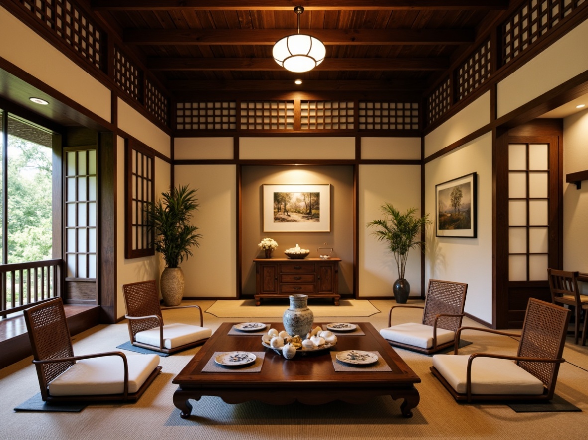 Prompt: Traditional Asian-style interior, intricately carved wooden furniture, low-seated chairs, ornate coffee tables, hand-painted silk fabrics, delicate porcelain vases, natural stone floors, sliding shoji screens, rice paper walls, subtle warm lighting, soft cushions, woven bamboo accents, curved lines, minimalist decor, tranquil ambiance, serene atmosphere, subtle textures, 1/2 composition, shallow depth of field, warm color palette.