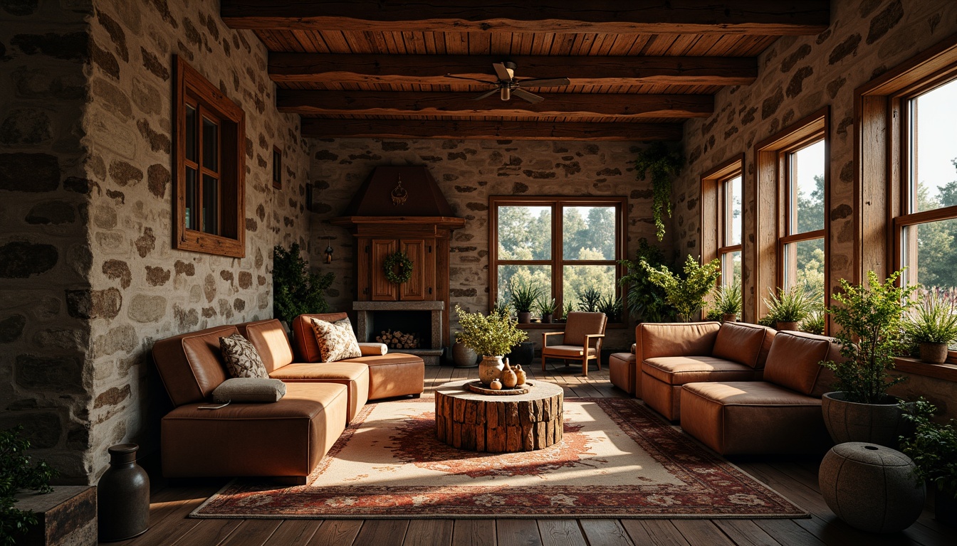 Prompt: Rustic wooden cabin, natural stone walls, earthy color palette, rough-hewn timber beams, ornate metalwork, vintage craftsmanship, distressed leather furniture, woven textiles, botanical patterns, warm candlelight, soft focus, shallow depth of field, 1/2 composition, cozy intimate atmosphere, realistic wood grain textures, ambient occlusion.