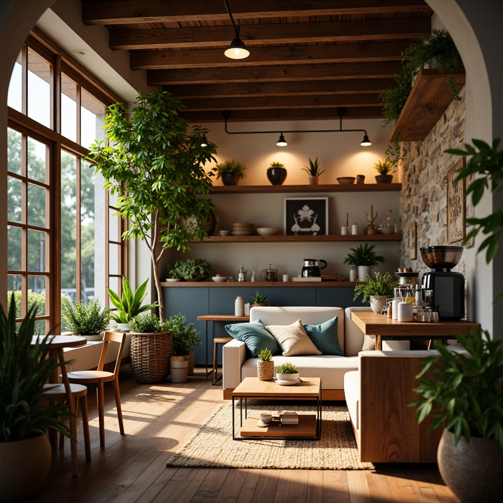 Prompt: Cozy coffee shop, warm earthy tones, rich brown wooden accents, soft creamy whites, deep espresso-inspired blues, vibrant greenery, lush plants, natural stone walls, reclaimed wood furniture, rustic metal decor, warm golden lighting, shallow depth of field, 1/1 composition, realistic textures, ambient occlusion.