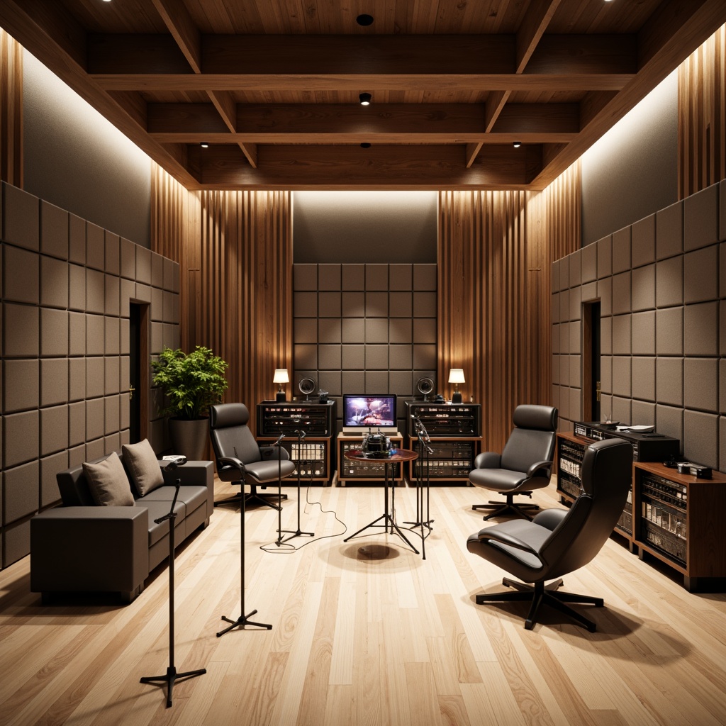 Prompt: Modern recording studio, soundproofed walls, wooden acoustic panels, soft fabric finishes, subtle LED lighting, minimalist decor, sleek metal equipment racks, professional audio gear, microphone stands, ergonomic chairs, dimmable overhead lights, 3/4 composition, shallow depth of field, realistic textures, ambient occlusion.