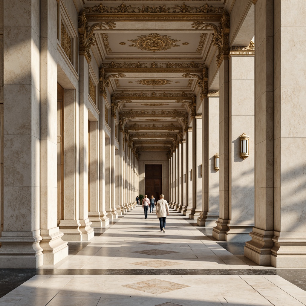 Prompt: Neoclassical architecture, ornate details, grandiose columns, symmetrical facades, marble textures, gilded accents, soft warm beige, creamy whites, rich browns, muted grays, subtle golds, elegant black lines, intricate moldings, refined ornateness, stately proportions, natural lighting, diffused shadows, 1/2 composition, shallow depth of field, realistic renderings.