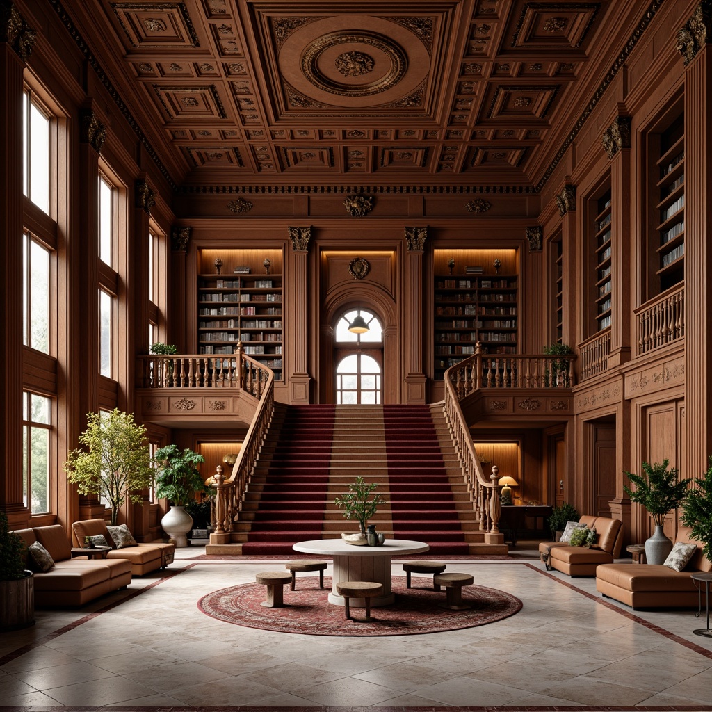 Prompt: Richly ornamented library interior, neoclassical architectural style, elegant columns, ornate moldings, grand staircases, polished marble floors, intricate inlays, luxurious velvet fabrics, golden accents, bronze hardware, leather-bound bookshelves, warm wood paneling, coffered ceilings, softbox lighting, indirect cove lighting, 1/1 composition, symmetrical framing, realistic textures, ambient occlusion.